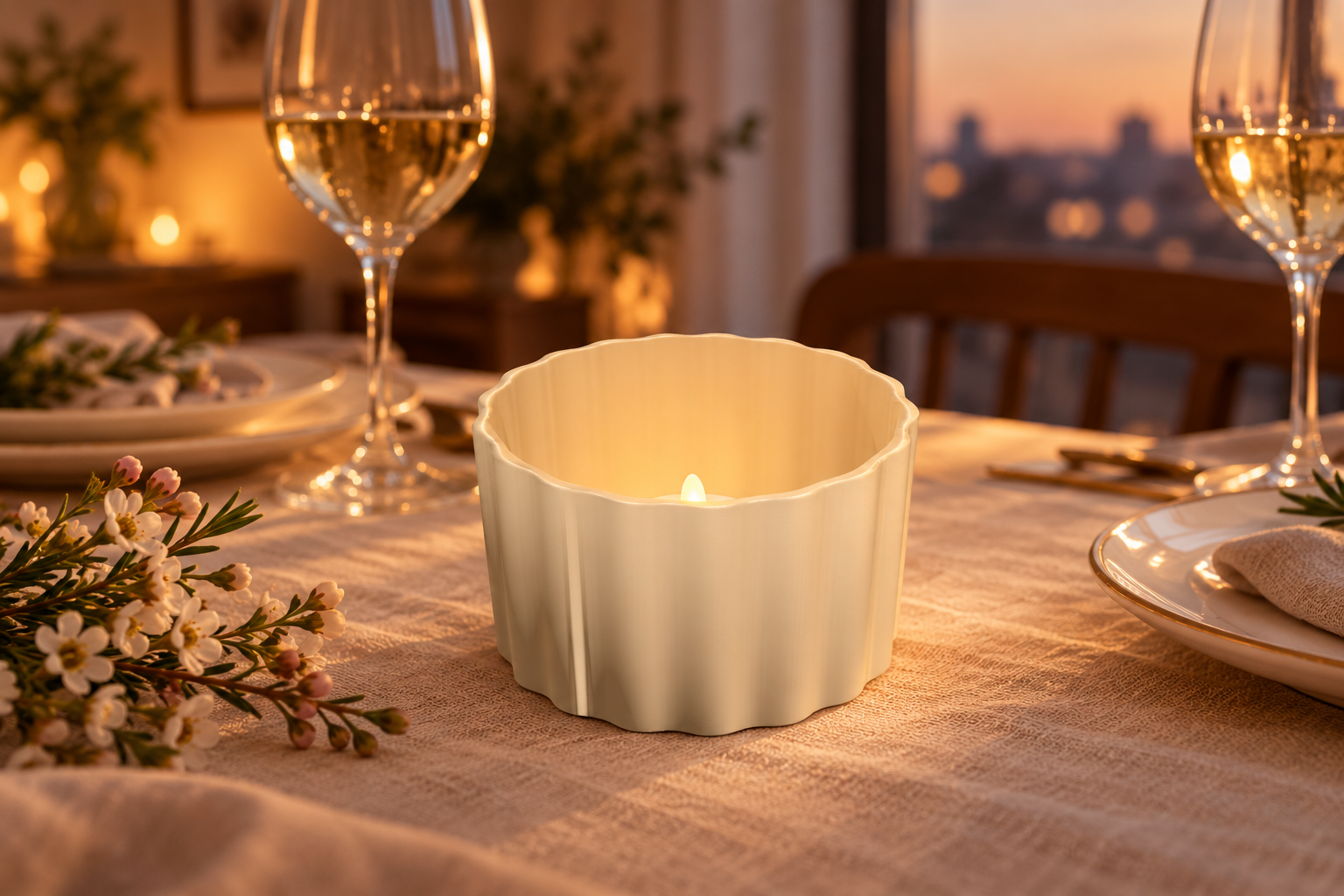 LED candle holder in a romantic dinner setting